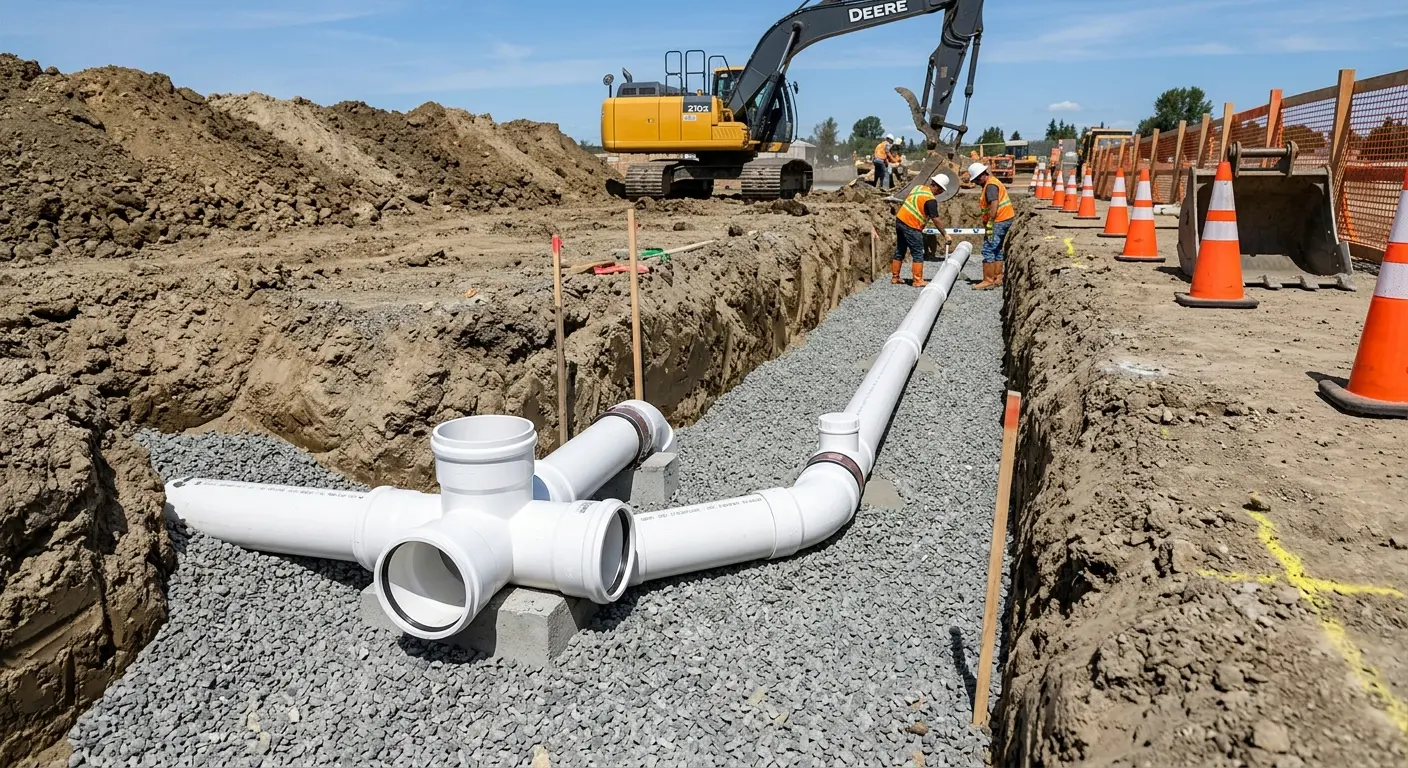 New PVC sewer pipe installation in open trench for Grease Trap Cleaning in Lynn Haven