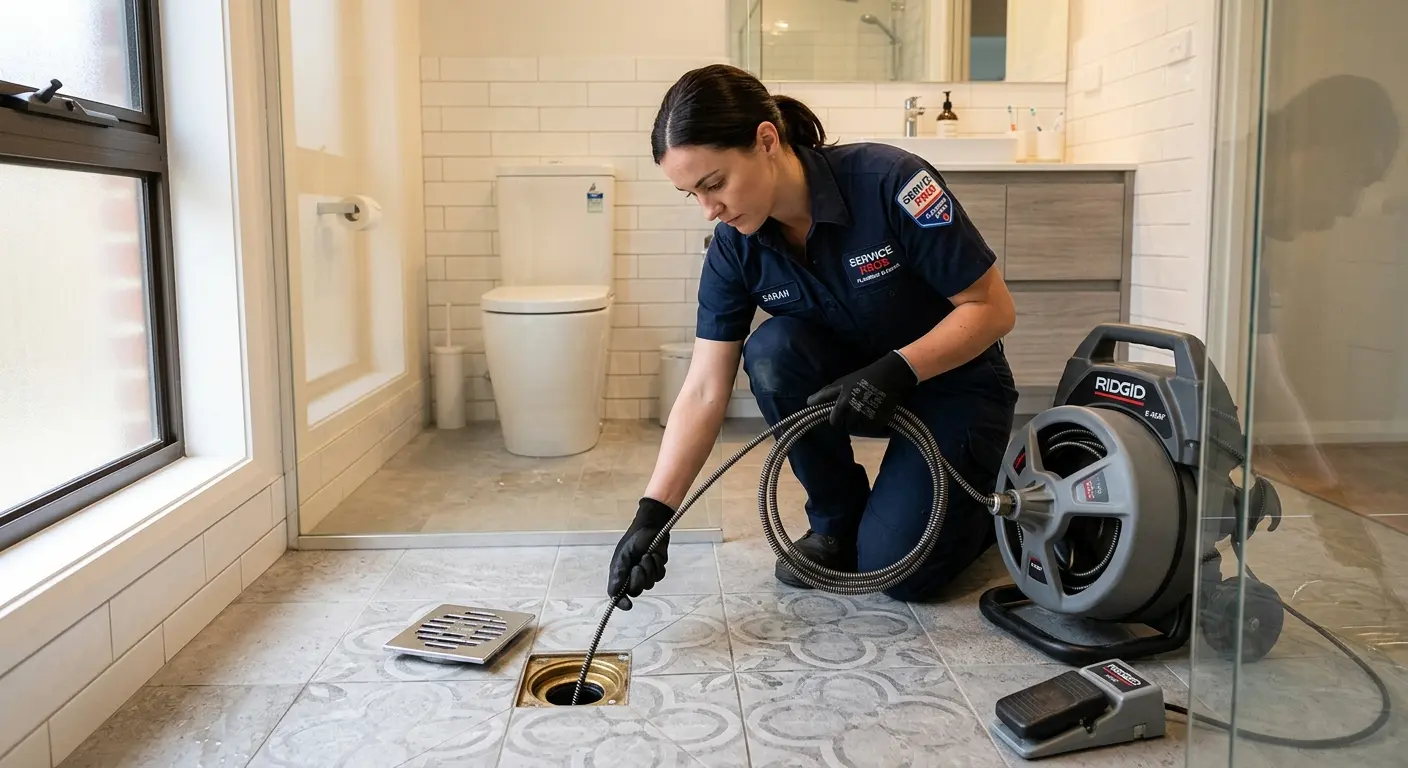 Technician clearing a bathroom floor drain for Sewer Line Replacement in Lynn Haven